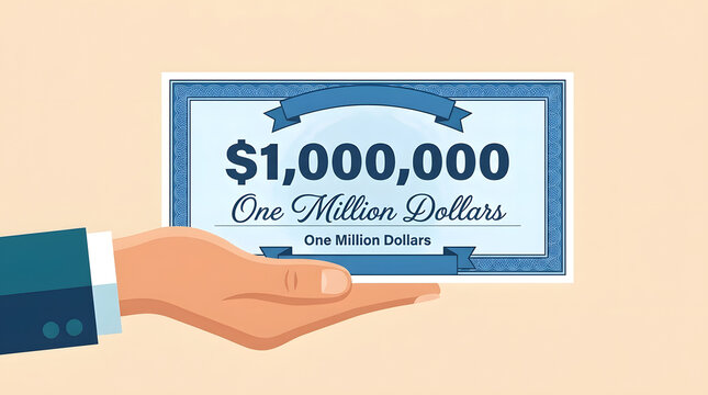 Cartoon hand holding large stylized million dollar check representing financial wealth success or big money prize award graphic.