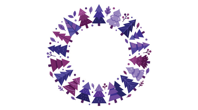 A circular wreath frame made of various stylized purple Christmas trees, leaves, and berries on a white background.