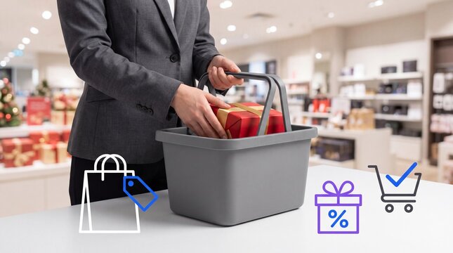 Boxing Day Person in a suit placing a gift into a shopping basket inside a retail store