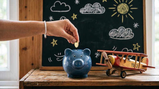 Hand dropping coin into blue piggy bank with toy airplane and chalkboard background savings concept