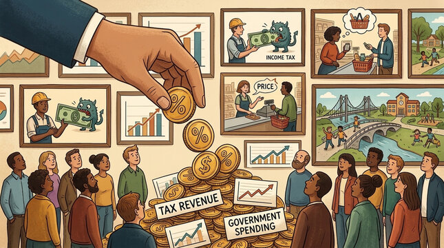 Government Finance and Public Funding Hand with coins tax revenue charts and diverse people illustration