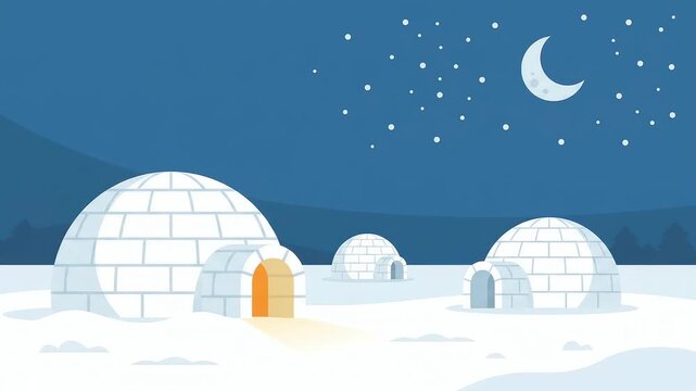 Igloos on Snowy Plain at Night, Winter Animation