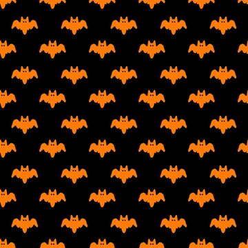 Cute Friendly Orange Bats on Black, Playful Halloween Seamless Pattern. ideal for children&rsquo;s apparel, trick-or-treat bags, party invitations, nursery decor, stationery, and all cheerful autumn project