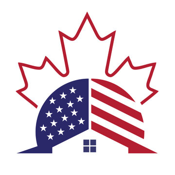 Canada and US border house logo, combination from abstract Canada and US flag and house icon, logo design vector.