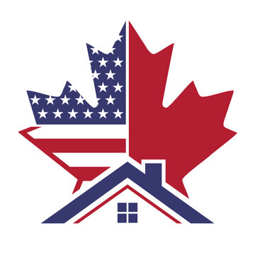 Canada and US border house logo, combination from abstract Canada and US flag and house icon, logo design vector.