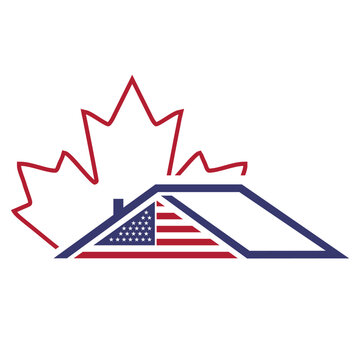Canada and US border house logo, combination from abstract Canada and US flag and house icon, logo design vector.
