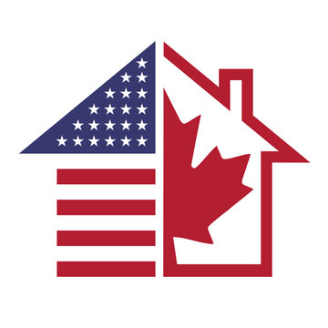 Canada and US border house logo, combination from abstract Canada and US flag and house icon, logo design vector.