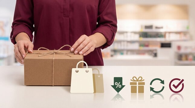 Boxing Day Woman holding a cardboard parcel with shopping icons on a store counter