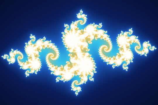 Julia set fractal with glowing blue and gold spirals on a dark background
