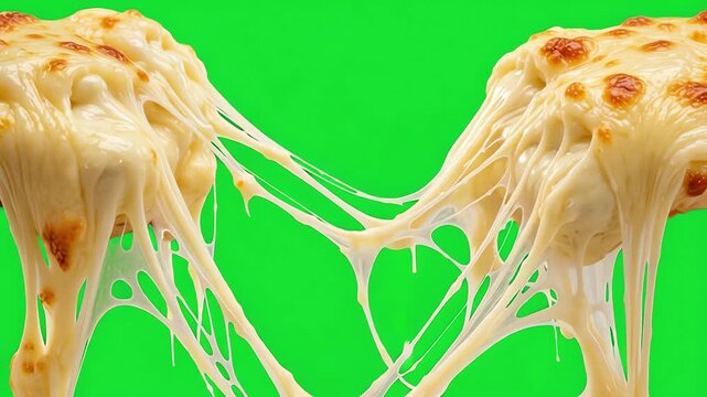 Melted mozzarella cheese stretching apart with long gooey strands isolated on a chroma key green screen background