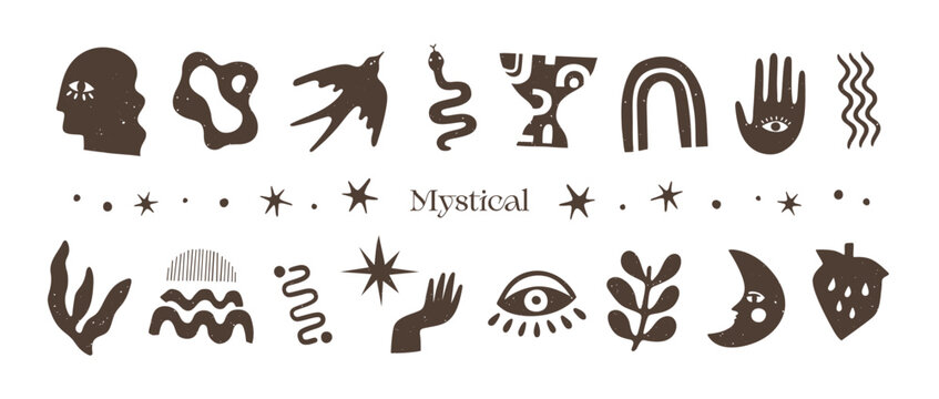 Mystical symbol illustrations with seeing eyes, moon face, snake, stars, hands and abstract shapes