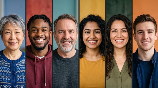 Smiling multiethnic people portraits in vertical color panels representing diversity