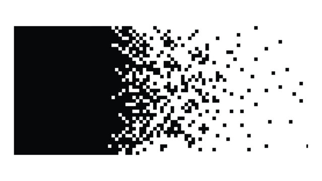 Abstract background design with a solid rectangle shape dissolving into small scattered square pixels creating a modern digital disintegration effect pattern