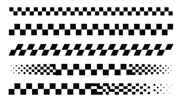 Set of black checkered racing flag border patterns isolated on white background including various square shapes and halftone dot transition effects