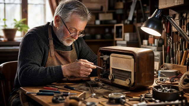 Vintage radio repair technician working in cozy wooden workshop, senior craftsman restoring retro wooden radio receiver, artisan electronics restoration project
