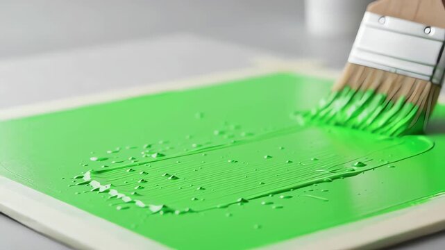 Professional paintbrush applying bright green screen paint across a smooth surface for chroma key compositing