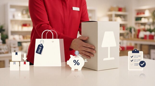 Boxing Day Sales assistant packing a cardboard box for a customer with digital shopping icons in a retail store