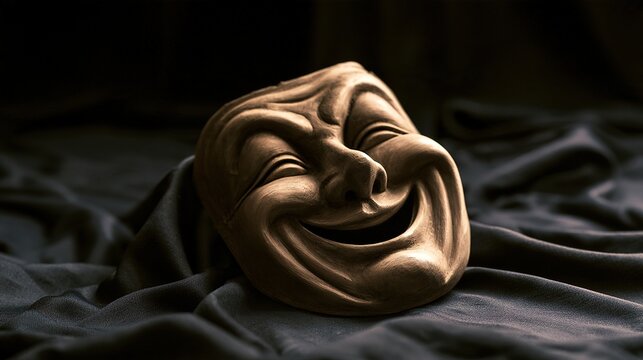 rigid. A single theatrical comedy mask resting on dark, textured fabric. event programs, museum guides, designed for cultural heritage projects and event programs, used by ux designers.