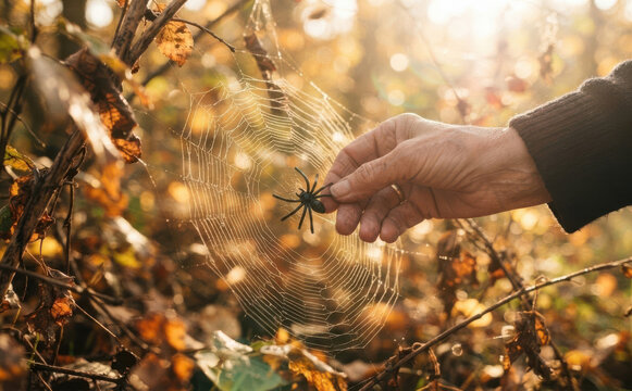 Elderly woman hand touching fake toy spider on a web in autumn forest macro closeup