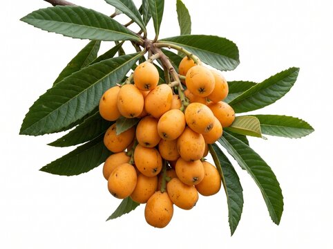 Fresh ripe loquat fruits hanging on a tree branch with green leaves leaf