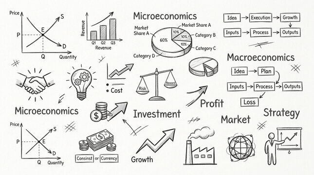 Economics and Business Strategy Doodles Micro Macro Finance Investment Growth Charts
