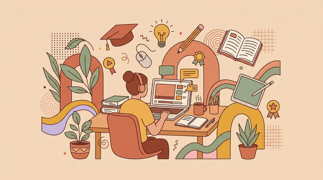 Flat vector illustration of e-learning and online courses - Minimalist flat vector illustration_G1