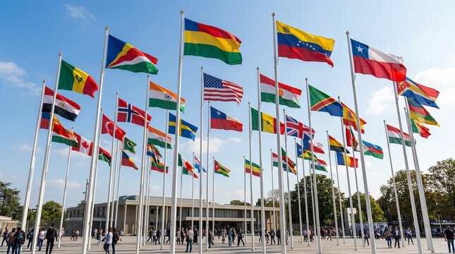 Diverse International Flags Flying Together Under a Clear Blue Sky