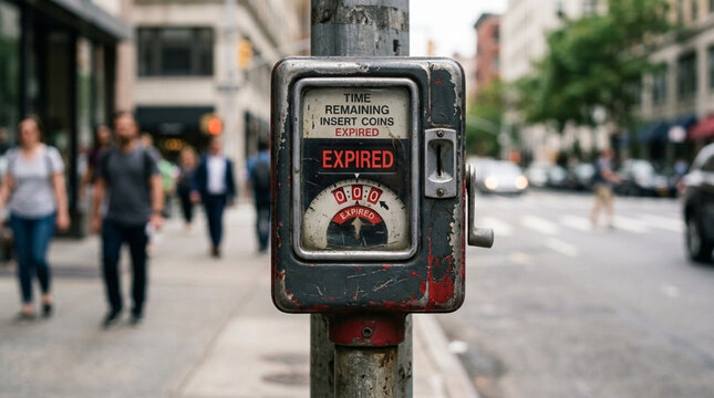 Expired Parking Meter on City Sidewalk with Blurred Pedestrians in Background