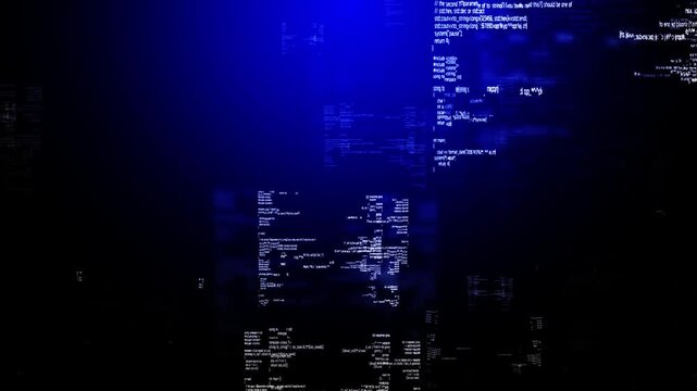 Dark Blue Abstract Background with Floating Programming Code Text Fragments