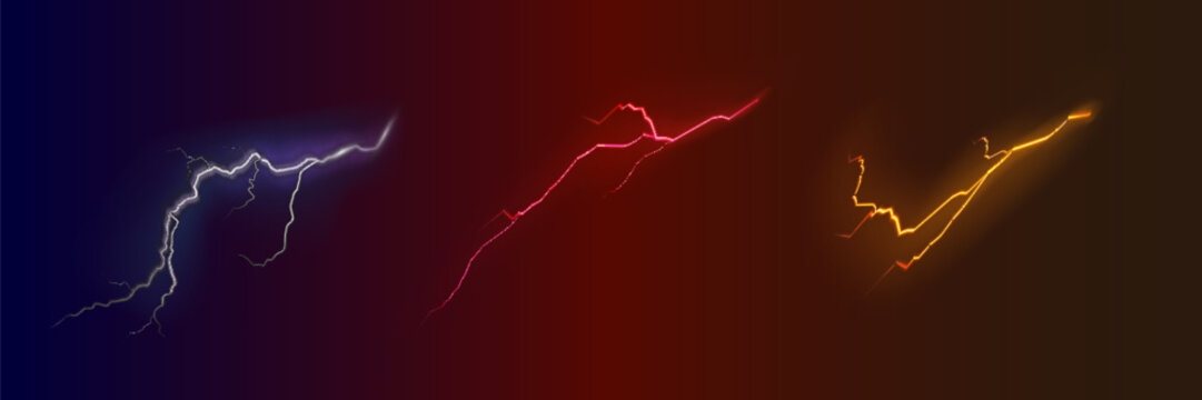 Bright flickering lightning effect, thunderstorm, stormy weather, electric discharge. Vector illustration