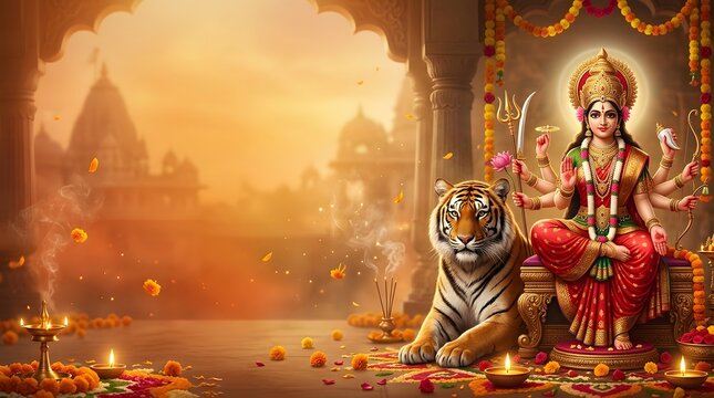 Goddess durga with tiger, temple background, oil lamps and marigold flowers, festive hindu religious art