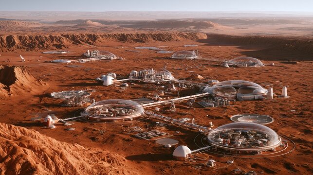 An aerial view of a Mars colony with habitat clusters, tunnels, and greenhouse domes in a dusty landscape.
