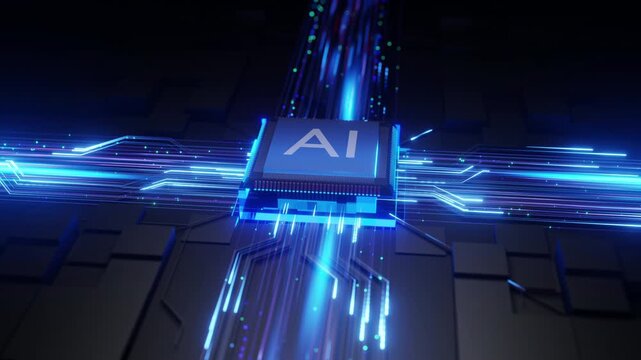 Futuristic Artificial Intelligence Microchip Powering Digital Network on Dark Circuit Board