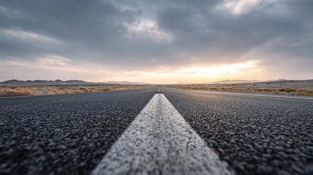 commute. A minimalist panoramic view of an empty asphalt road stretching into the distance under a cloudy sky. mobility guides, transit brochures, designed for transport & logistics marketing.