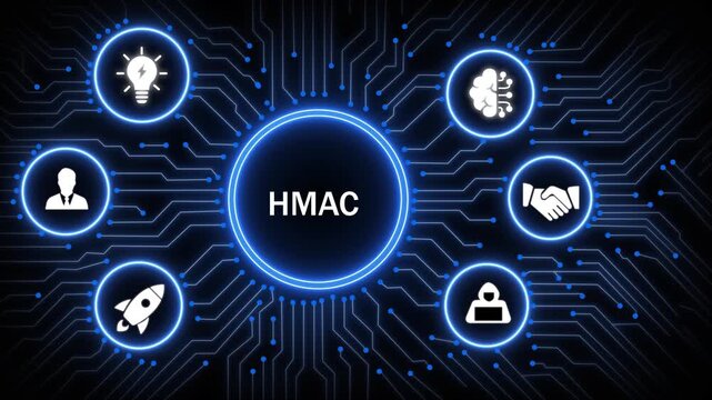 Hmac hash-based message authentication code concept with digital circuit board background, and glowing network, representing cybersecurity, data, integrity, cryptography, 