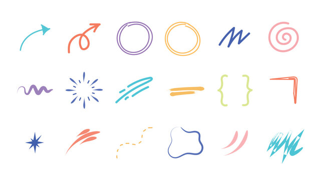 Minimalist hand drawn arrows and organic geometric shapes in pastel colors create a playful decorative design set.