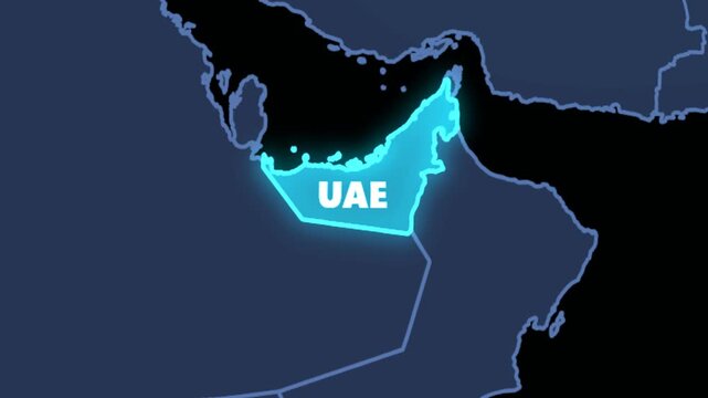 4K loop animation of a futuristic holographic 3D digital globe rotating and zooming into an elevated glowing UAE map with neon borders and 3D country text. Ideal for geopolitics, tech broadcast, Middl