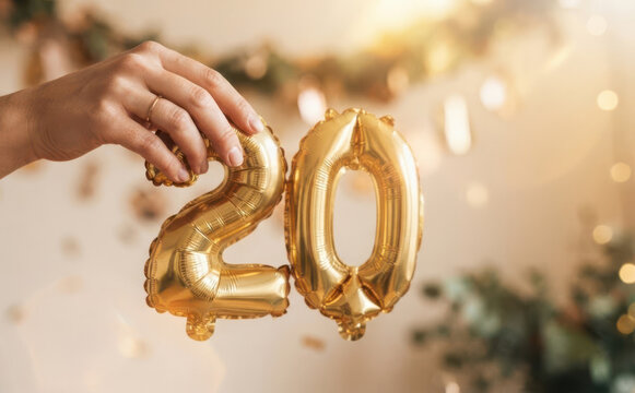 Woman holding gold number twenty foil balloons for a twentieth birthday celebration party