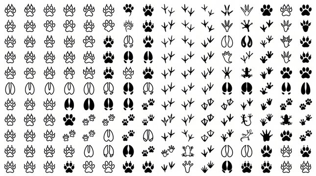 Animal tracks footprint icon collection, black and white wild paw prints, bird and mammal track vector graphic set