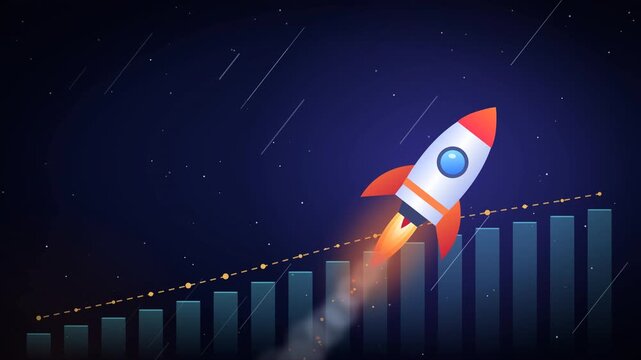 A rocket ship launching upwards over a growing financial bar chart representing business success.