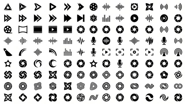 Black multimedia audio visual icons collection, camera shutter play button symbol set, sound wave microphone media player graphic elements