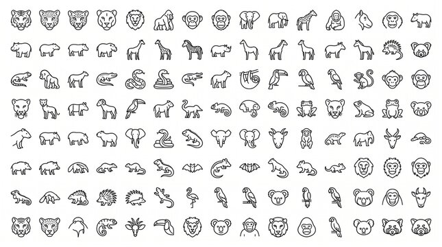 Minimalist wild animal line icons, modern outline wildlife set, linear zoo mammals vector graphics, clean fauna symbol collection for web UI and branding