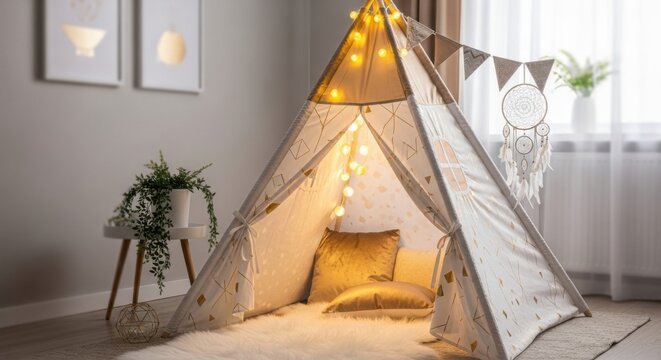 Cozy Boho Childrens Teepee Tent with Fairy Lights and Dreamcatcher Indoor Play Space