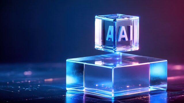 A transparent glass cube with the letters aai inside sits on a glowing glass base in dark lighting d