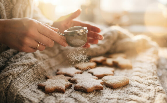 Woman hands dusting powdered sugar on freshly baked Christmas cookies with strainer, festive baking concept for winter holidays