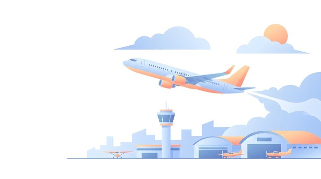 Airplane taking off from an airport runway with a control tower and hangars under a cloudy sky in a minimalist vector illustration style.