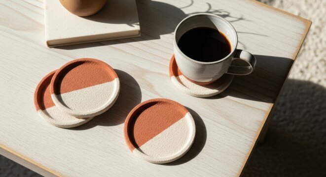 Cozy Coffee Break Minimalist Coasters and Warm Mug on Light Wood Table with Natural Sunlight