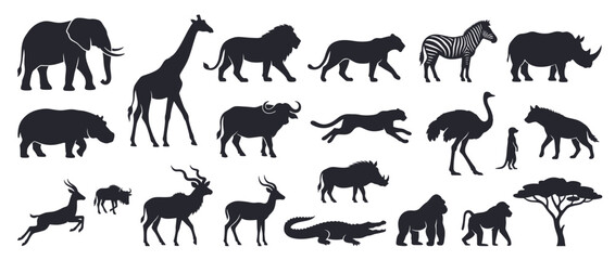 Fototapeta premium Black and white animal silhouettes on transparent background. Prehistoric and modern creature outlines. Elephant, giraffe, zebra, ostrich, rhino, tiger, deer, fox, crocodile, alligator, antelope,.