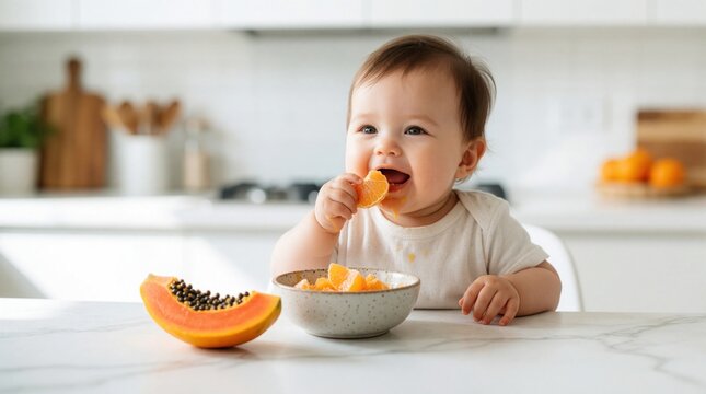 Cute infant eats fresh orange fruit puree in modern bright kitchen. Happy baby enjoys healthy snack with bowl of citrus pieces on marble table. Toddler tries new organic food for first time during