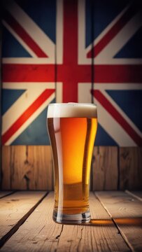 British beer pint with Union Jack flag background on wooden table
